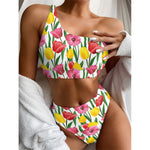 Colorful Tulip Pattern Print One Shoulder Bikini Top