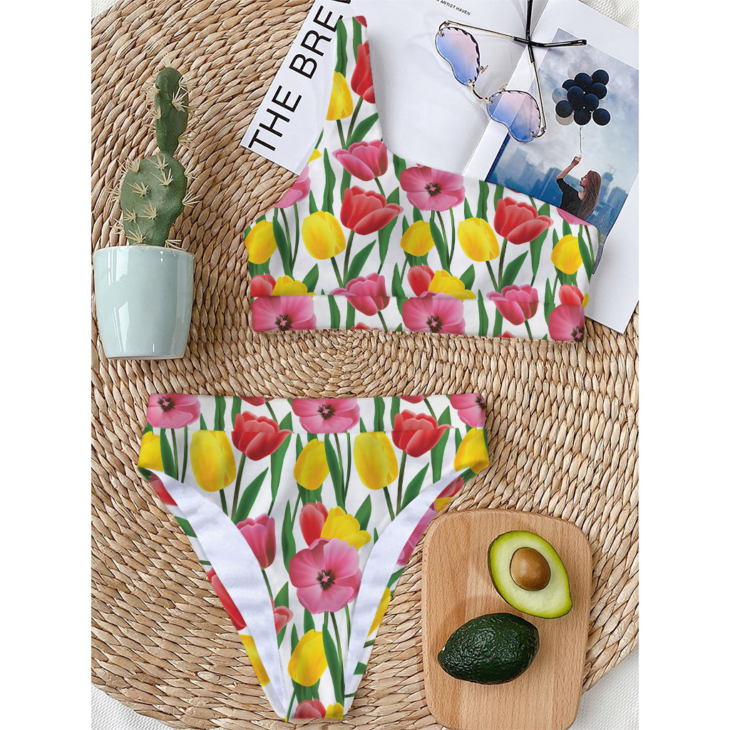 Colorful Tulip Pattern Print One Shoulder Bikini Top