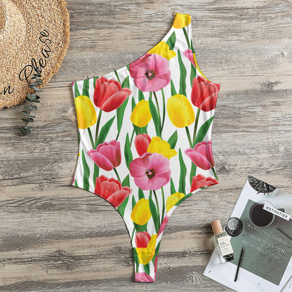 Colorful Tulip Pattern Print One Shoulder Bodysuit