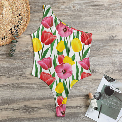 Colorful Tulip Pattern Print One Shoulder Bodysuit