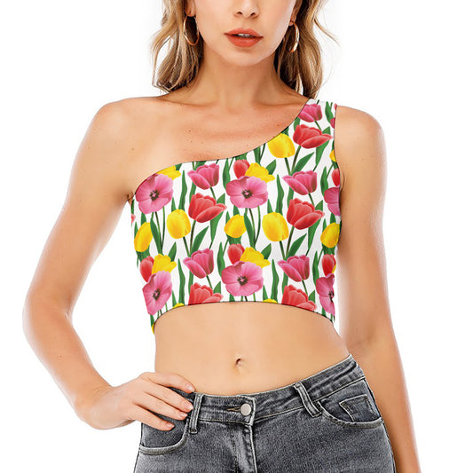 Colorful Tulip Pattern Print One Shoulder Crop Top