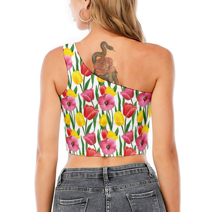 Colorful Tulip Pattern Print One Shoulder Crop Top