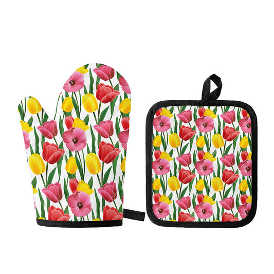 Colorful Tulip Pattern Print Oven Mitt And Pot Holder Set
