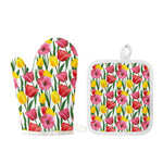 Colorful Tulip Pattern Print Oven Mitt And Pot Holder Set