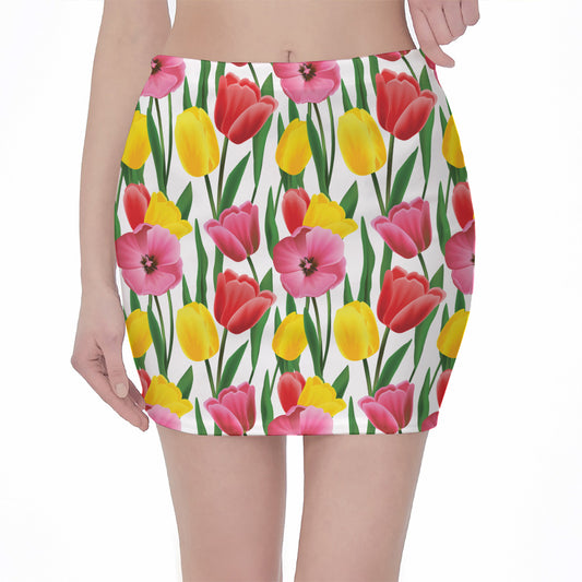 Colorful Tulip Pattern Print Pencil Mini Skirt