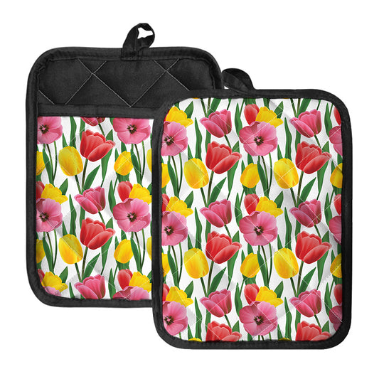 Colorful Tulip Pattern Print Pot Holders With Pocket