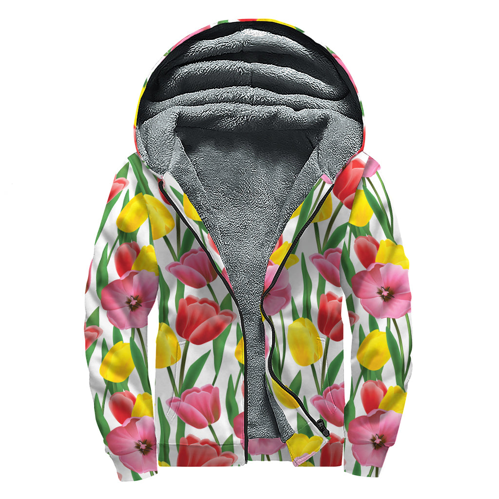 Colorful Tulip Pattern Print Sherpa Lined Zip Up Hoodie