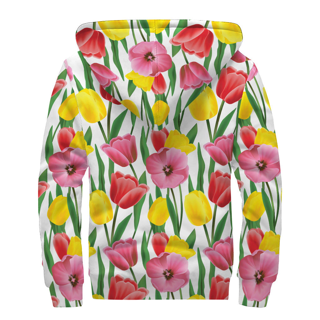 Colorful Tulip Pattern Print Sherpa Lined Zip Up Hoodie