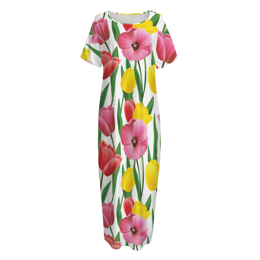 Colorful Tulip Pattern Print Short Sleeve Long Nightdress