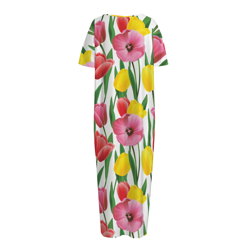 Colorful Tulip Pattern Print Short Sleeve Long Nightdress