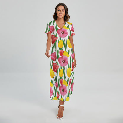Colorful Tulip Pattern Print Short Sleeve Maxi Dress