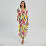 Colorful Tulip Pattern Print Short Sleeve Maxi Dress