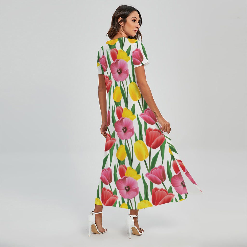 Colorful Tulip Pattern Print Short Sleeve Maxi Dress