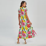 Colorful Tulip Pattern Print Short Sleeve Maxi Dress