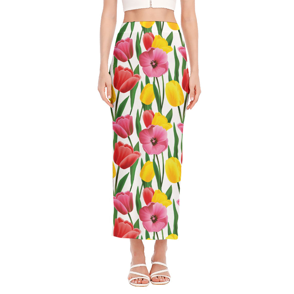 Colorful Tulip Pattern Print Side Slit Maxi Skirt