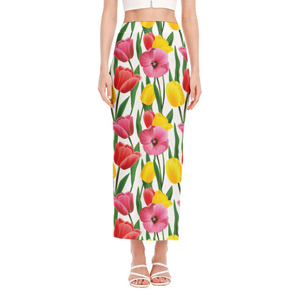 Colorful Tulip Pattern Print Side Slit Maxi Skirt
