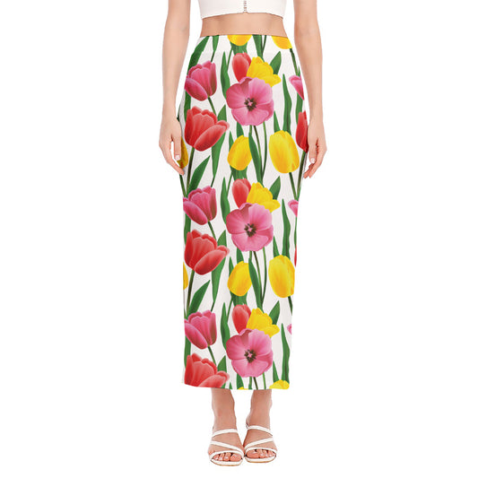 Colorful Tulip Pattern Print Side Slit Maxi Skirt