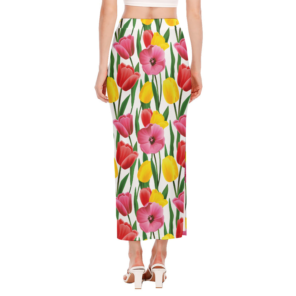 Colorful Tulip Pattern Print Side Slit Maxi Skirt