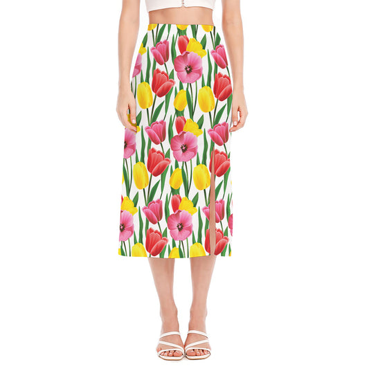 Colorful Tulip Pattern Print Side Slit Midi Skirt