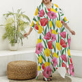 Colorful Tulip Pattern Print Silk V-Neck Kaftan Dress