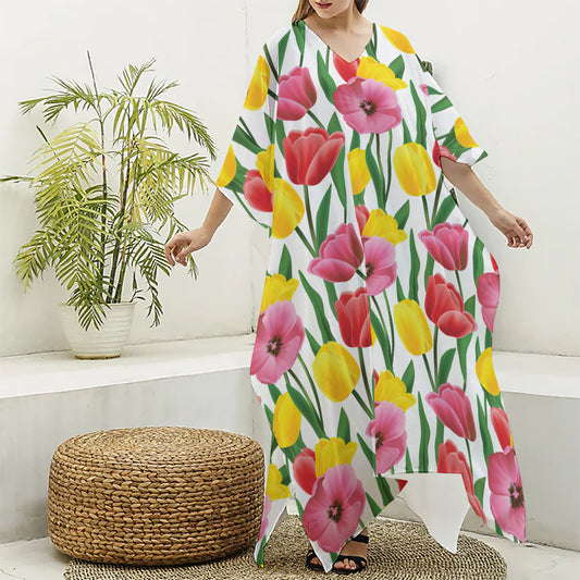Colorful Tulip Pattern Print Silk V-Neck Kaftan Dress