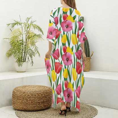Colorful Tulip Pattern Print Silk V-Neck Kaftan Dress