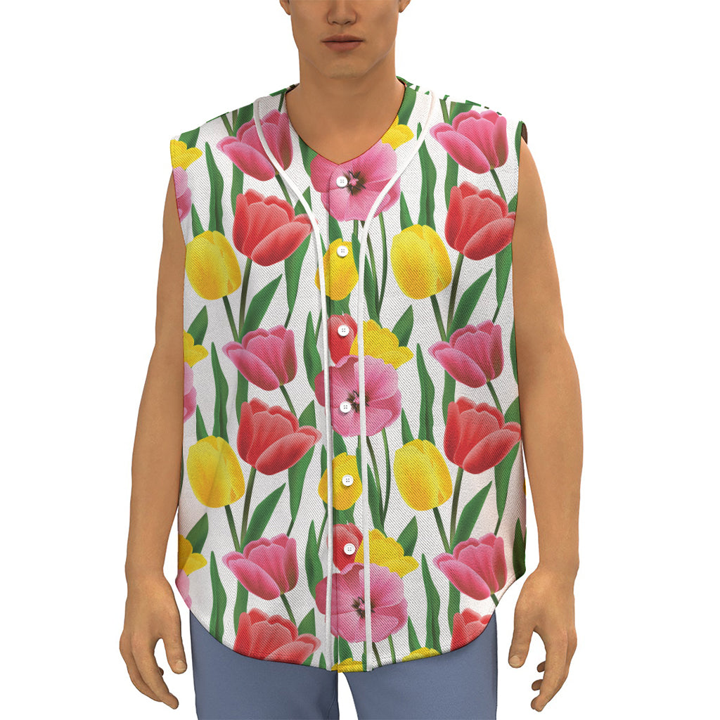 Colorful Tulip Pattern Print Sleeveless Baseball Jersey