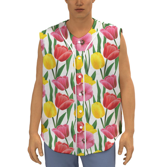 Colorful Tulip Pattern Print Sleeveless Baseball Jersey