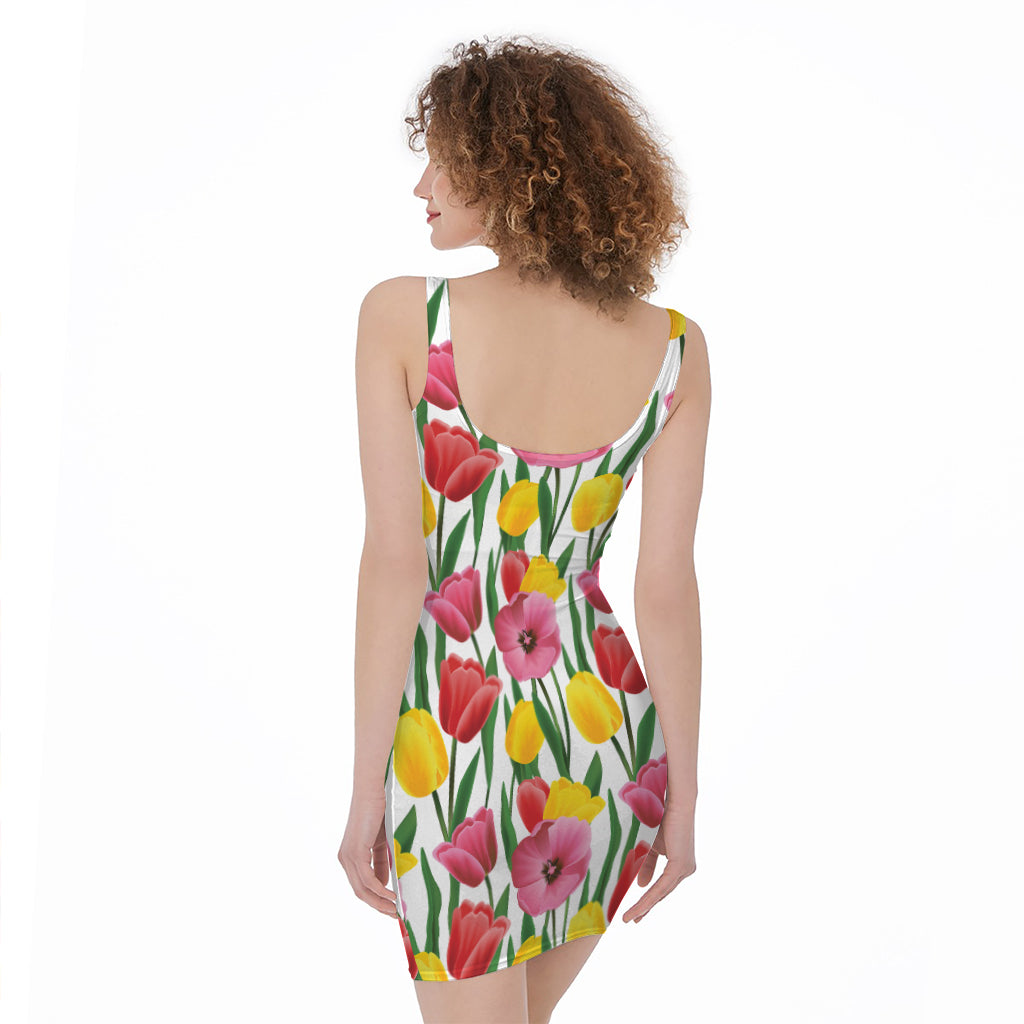 Colorful Tulip Pattern Print Sleeveless Bodycon Dress