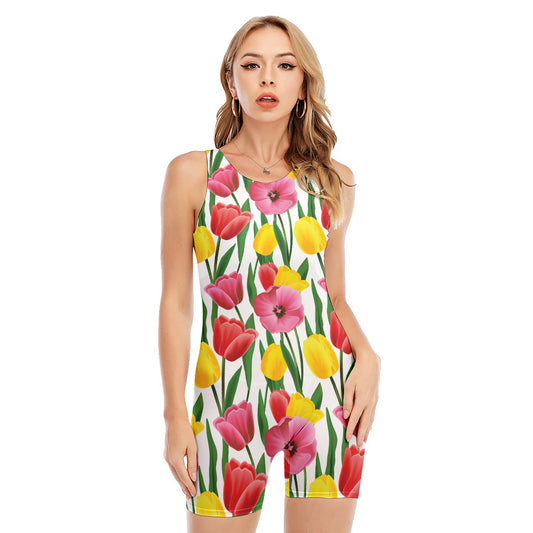 Colorful Tulip Pattern Print Sleeveless One Piece Swimsuit