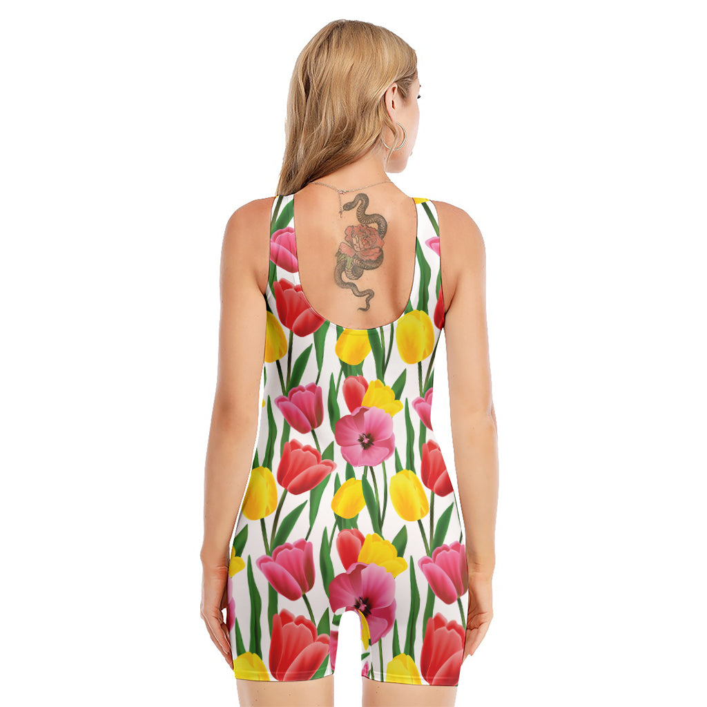 Colorful Tulip Pattern Print Sleeveless One Piece Swimsuit