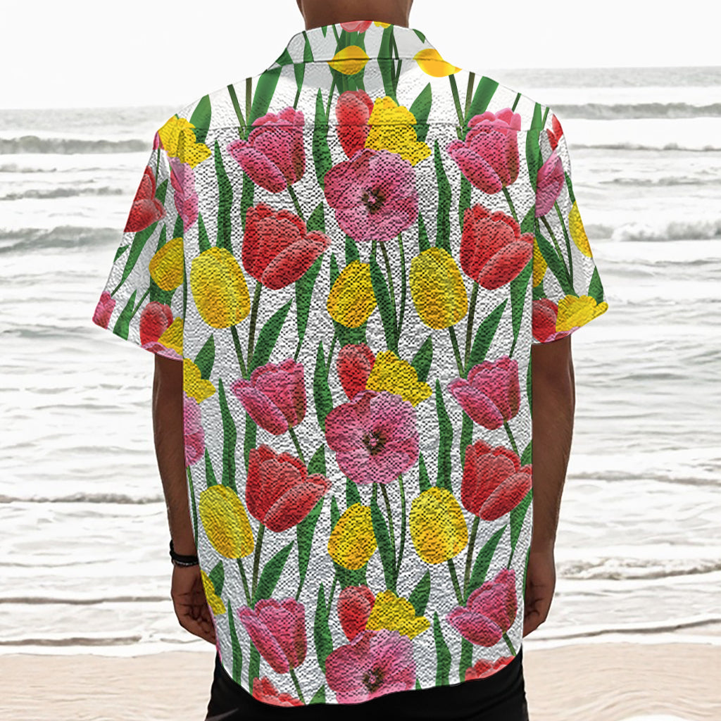 Colorful Tulip Pattern Print Textured Short Sleeve Shirt