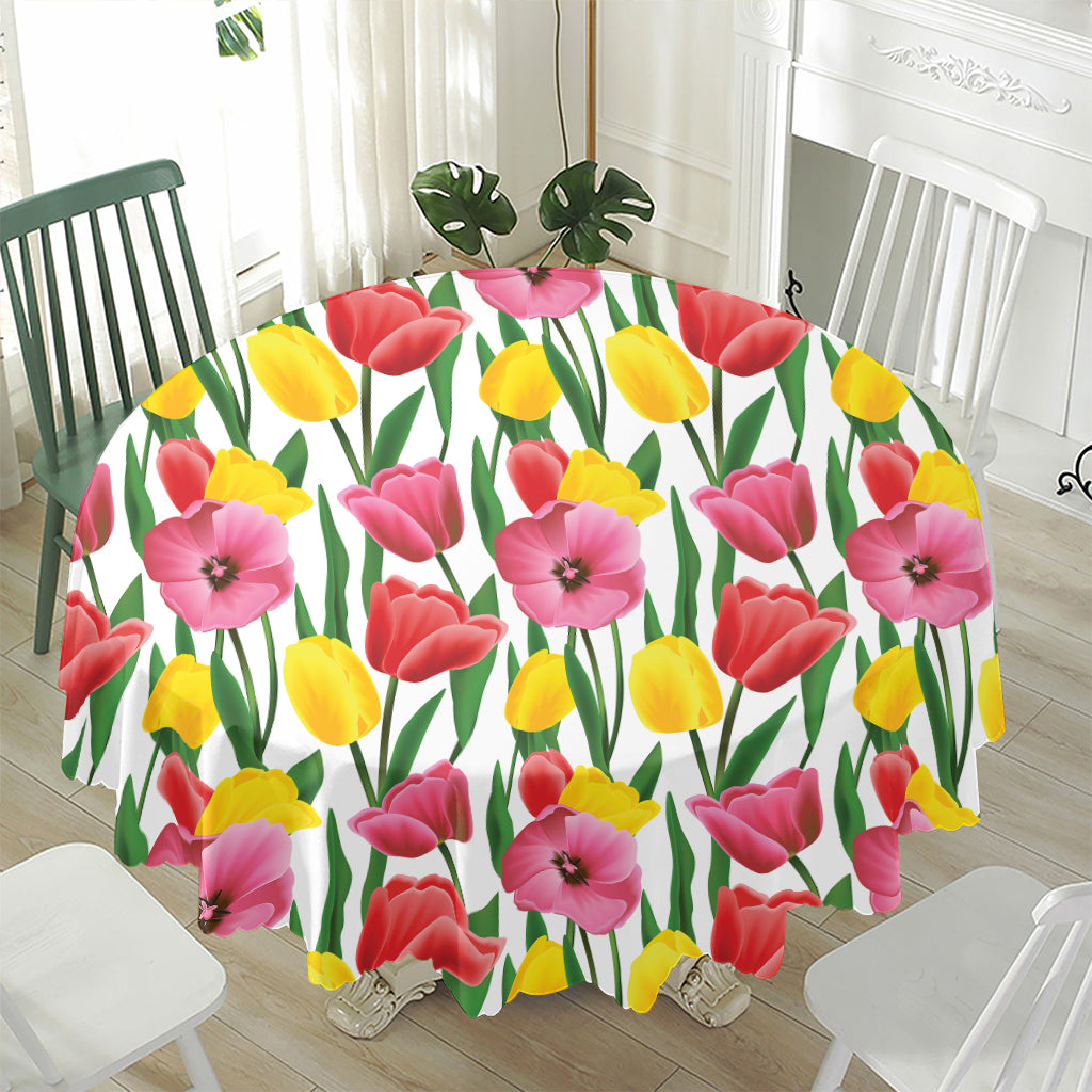 Colorful Tulip Pattern Print Waterproof Round Tablecloth