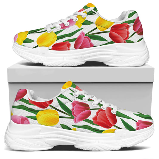 Colorful Tulip Pattern Print White Chunky Shoes