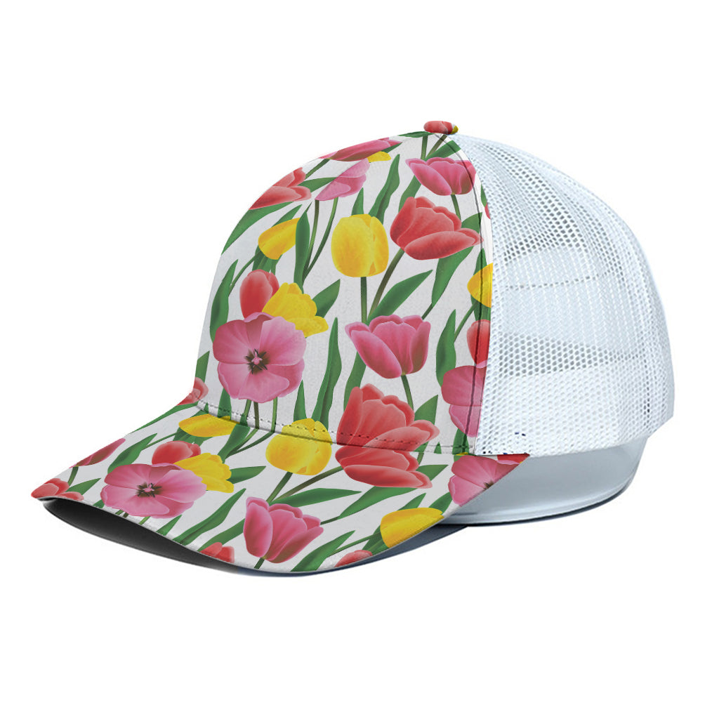 Colorful Tulip Pattern Print White Mesh Trucker Cap