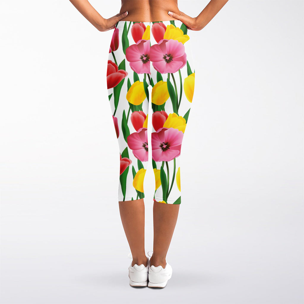 Colorful Tulip Pattern Print Women's Capri Leggings