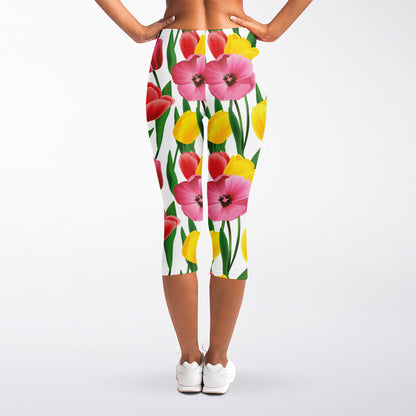 Colorful Tulip Pattern Print Women's Capri Leggings