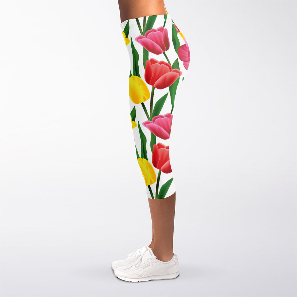 Colorful Tulip Pattern Print Women's Capri Leggings