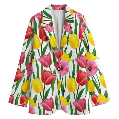 Colorful Tulip Pattern Print Women's Cotton Blazer
