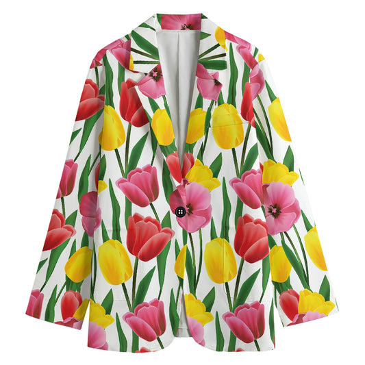 Colorful Tulip Pattern Print Women's Cotton Blazer