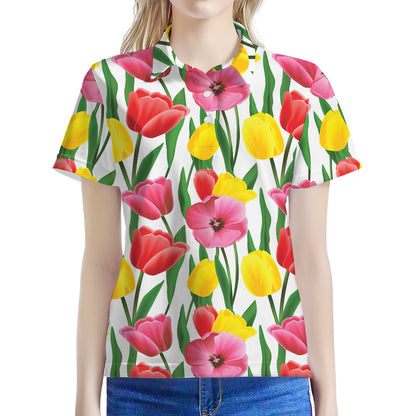 Colorful Tulip Pattern Print Women's Polo Shirt