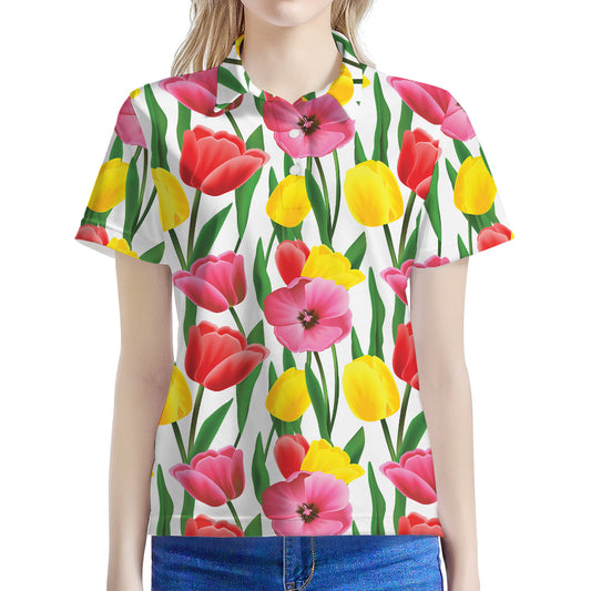 Colorful Tulip Pattern Print Women's Polo Shirt