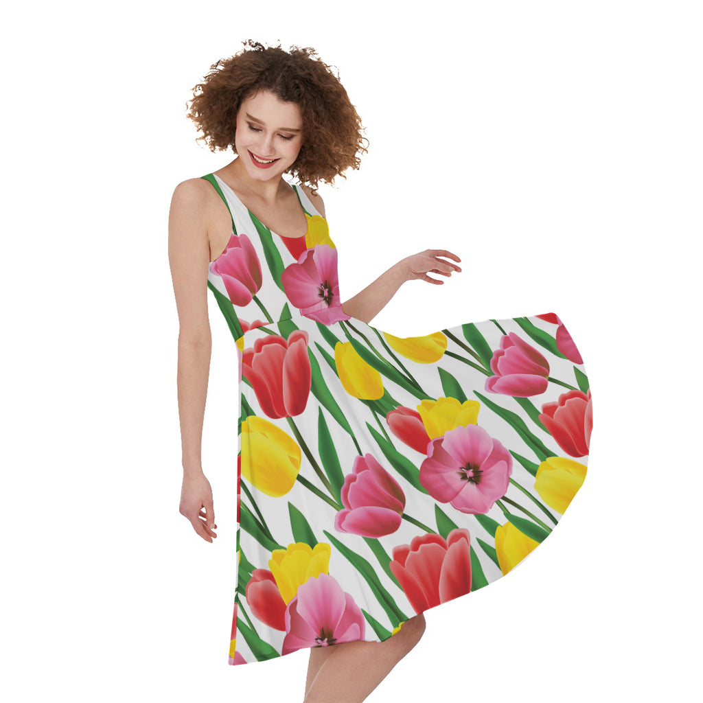 Colorful Tulip Pattern Print Women's Sleeveless Dress
