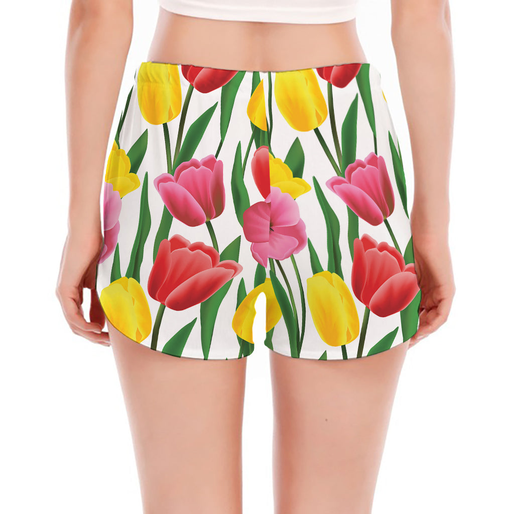 Colorful Tulip Pattern Print Women's Split Running Shorts