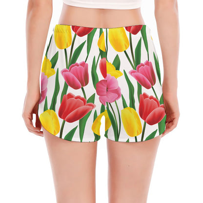 Colorful Tulip Pattern Print Women's Split Running Shorts