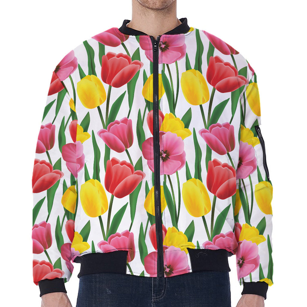 Colorful Tulip Pattern Print Zip Sleeve Bomber Jacket