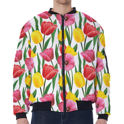 Colorful Tulip Pattern Print Zip Sleeve Bomber Jacket