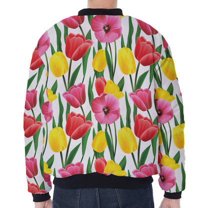 Colorful Tulip Pattern Print Zip Sleeve Bomber Jacket