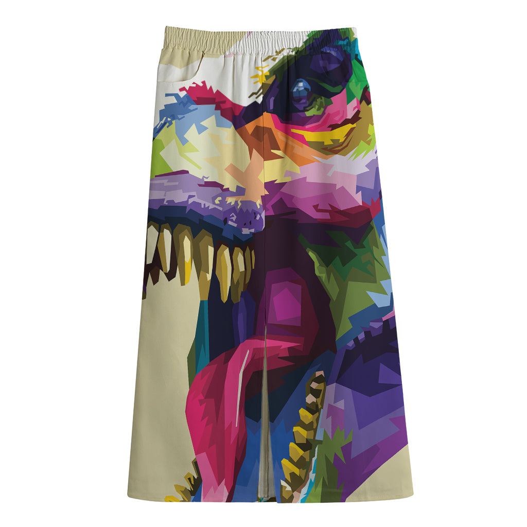 Colorful Tyrannosaurus Rex Print Cotton Front Slit Maxi Skirt