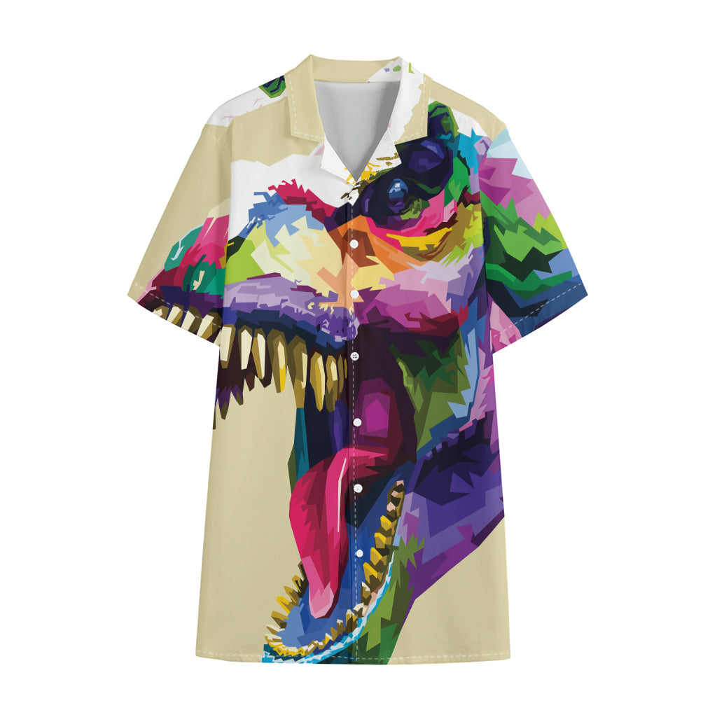 Colorful Tyrannosaurus Rex Print Cotton Hawaiian Shirt